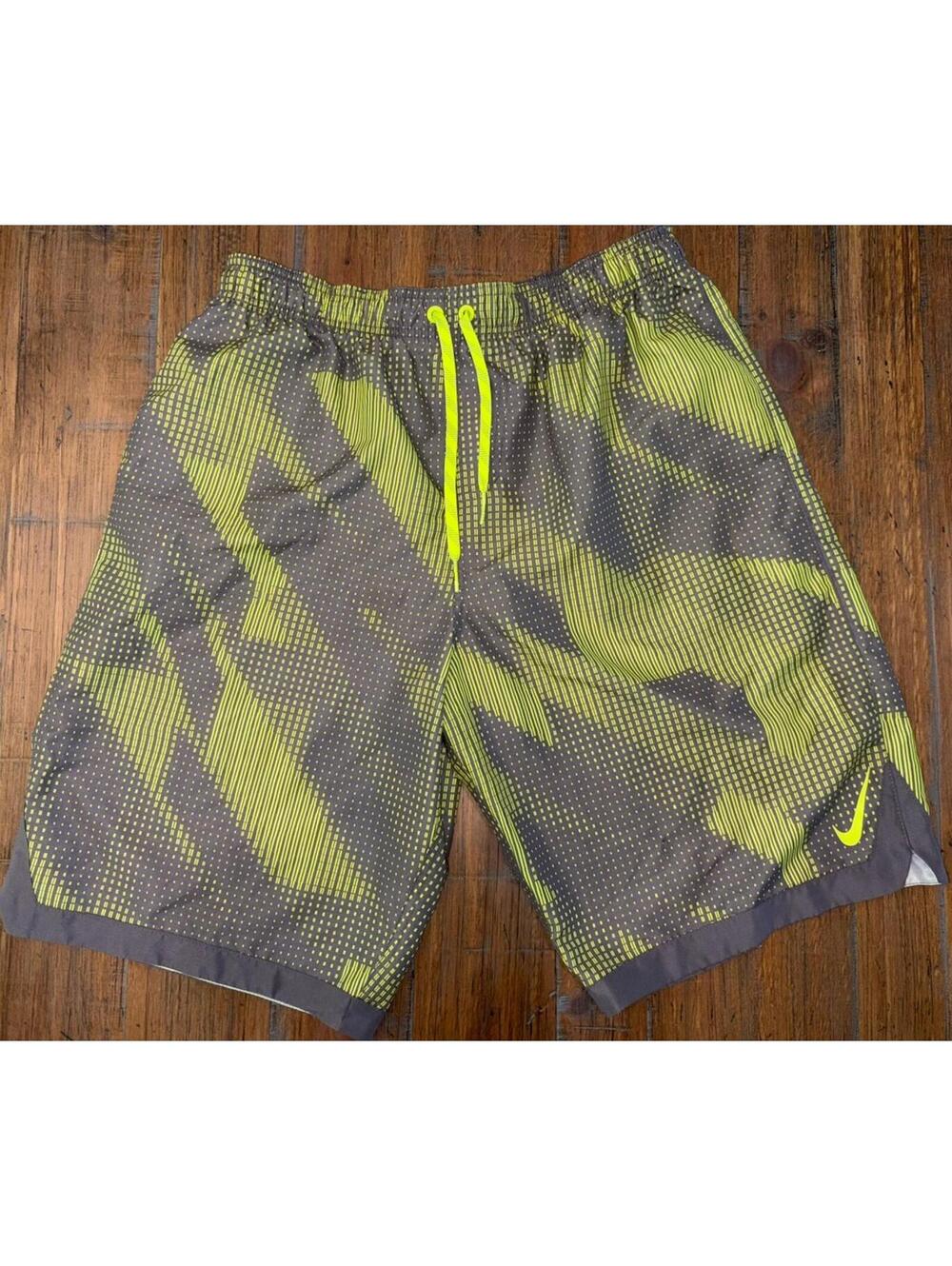 Nike Swim Trunks Men’s Large Lined Neon Green & Gray Drawstring Beach Ocean Pool